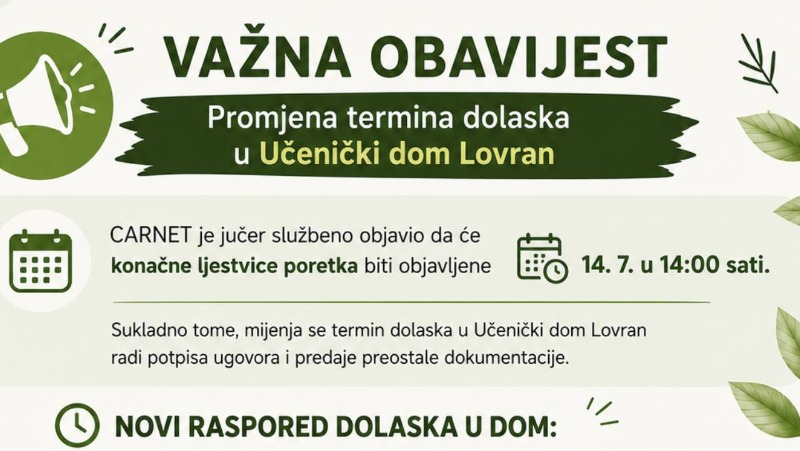 📢 Obavijest o promjeni termina dolaska na upise